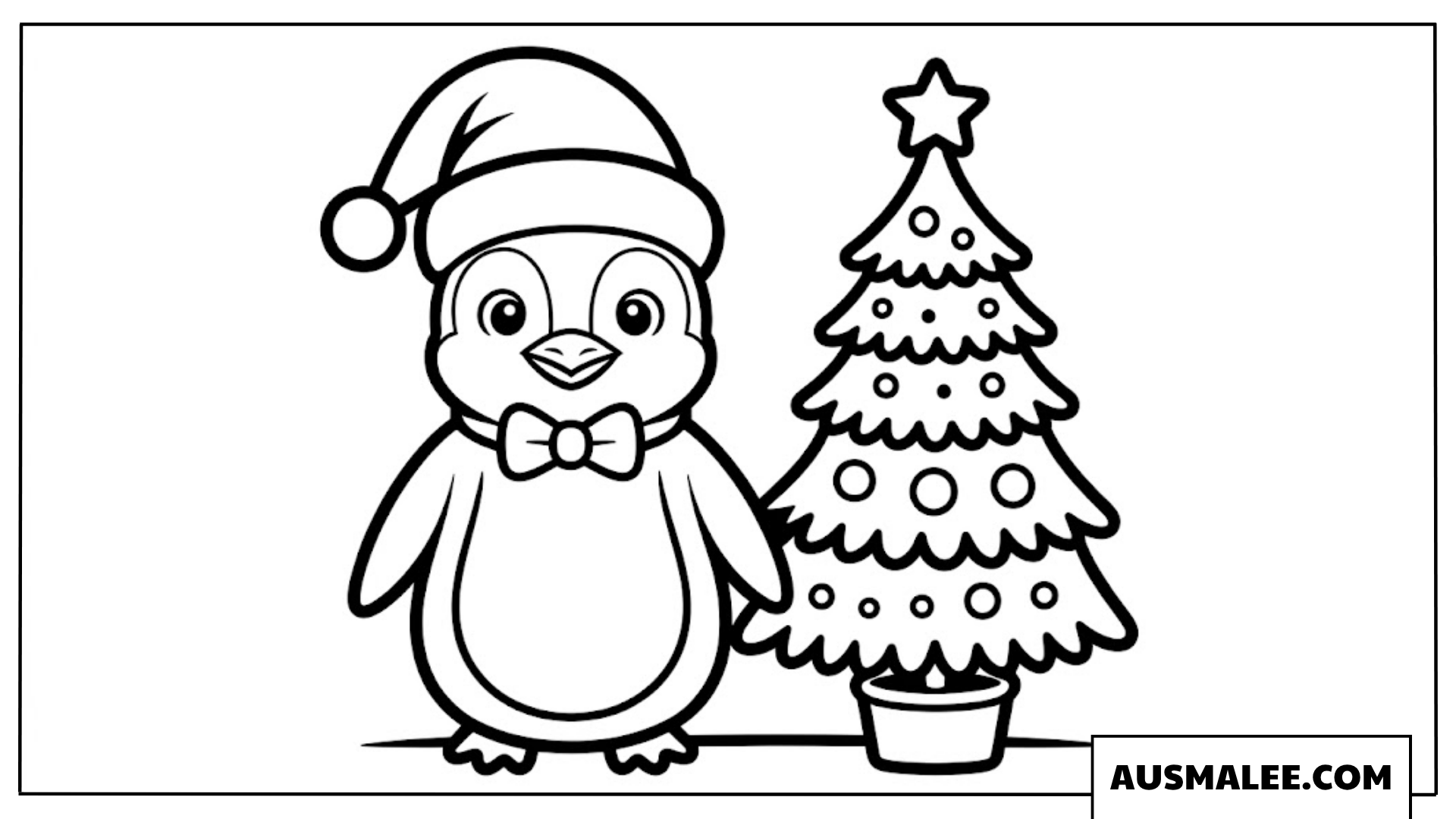 Baby Pinguin Ausmalbild neben dem Weihnachtsbaum