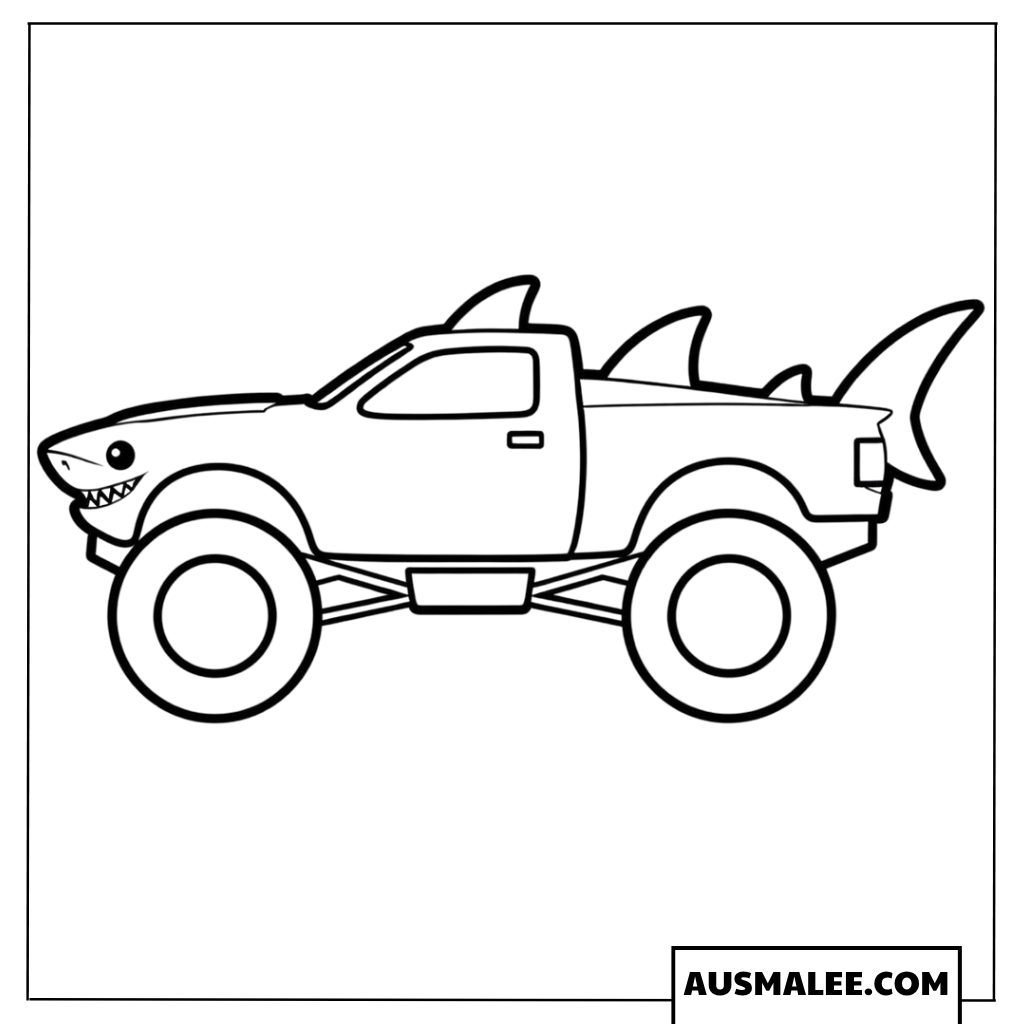 Einfaches Ausmalbild Tiger Shark Monster Truck in der Seitenansicht
