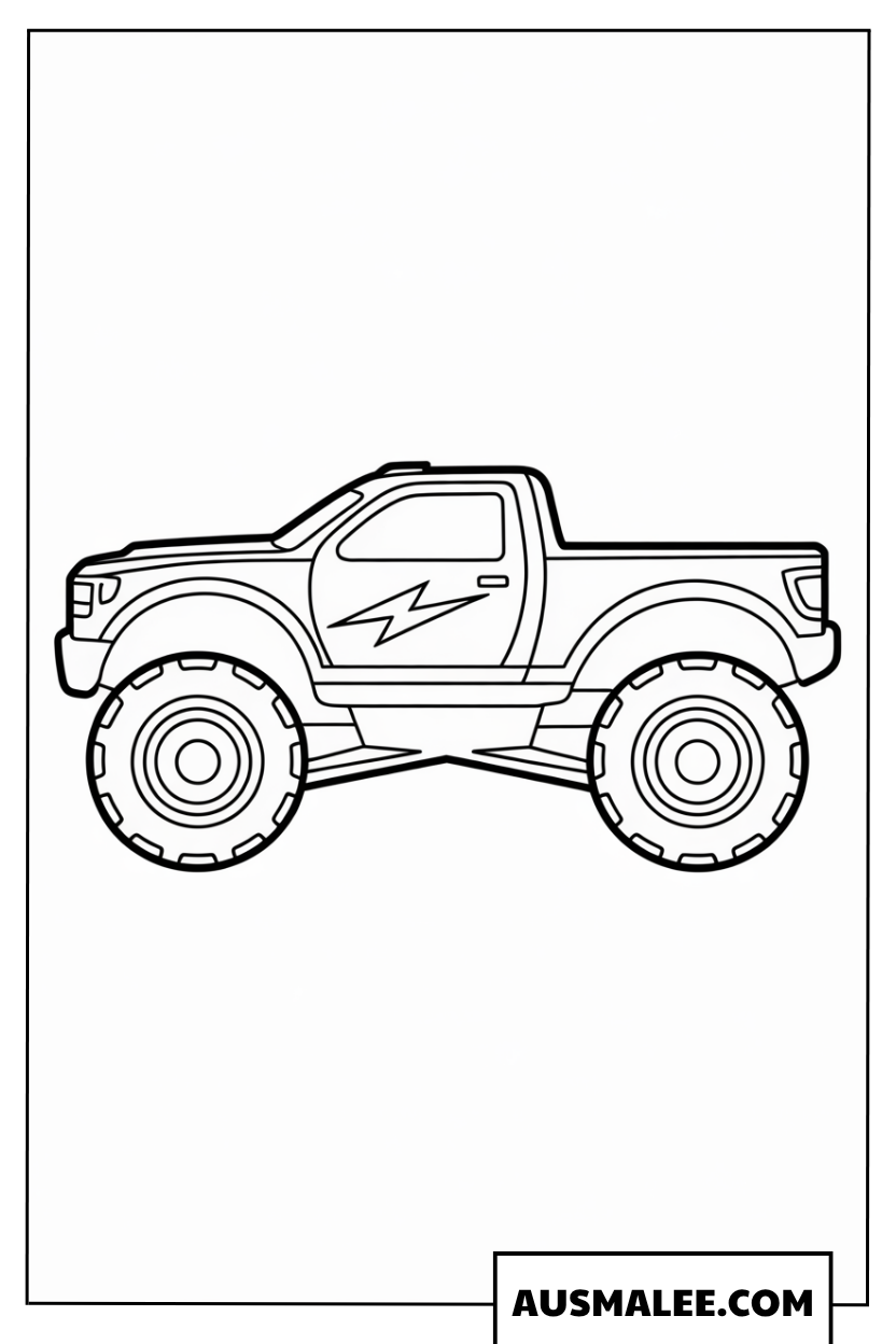 Einfaches Hot Wheels Monster Truck Ausmalbild mit Blitz-Motiv für Kleinkinder
