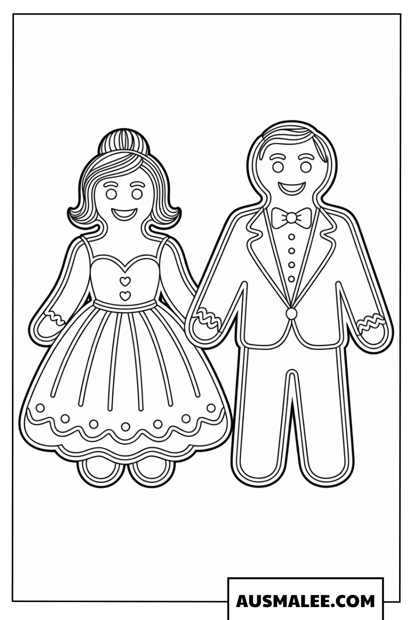 Elegantes Lebkuchen-Pärchen in Festkleidung Ausmalbilder