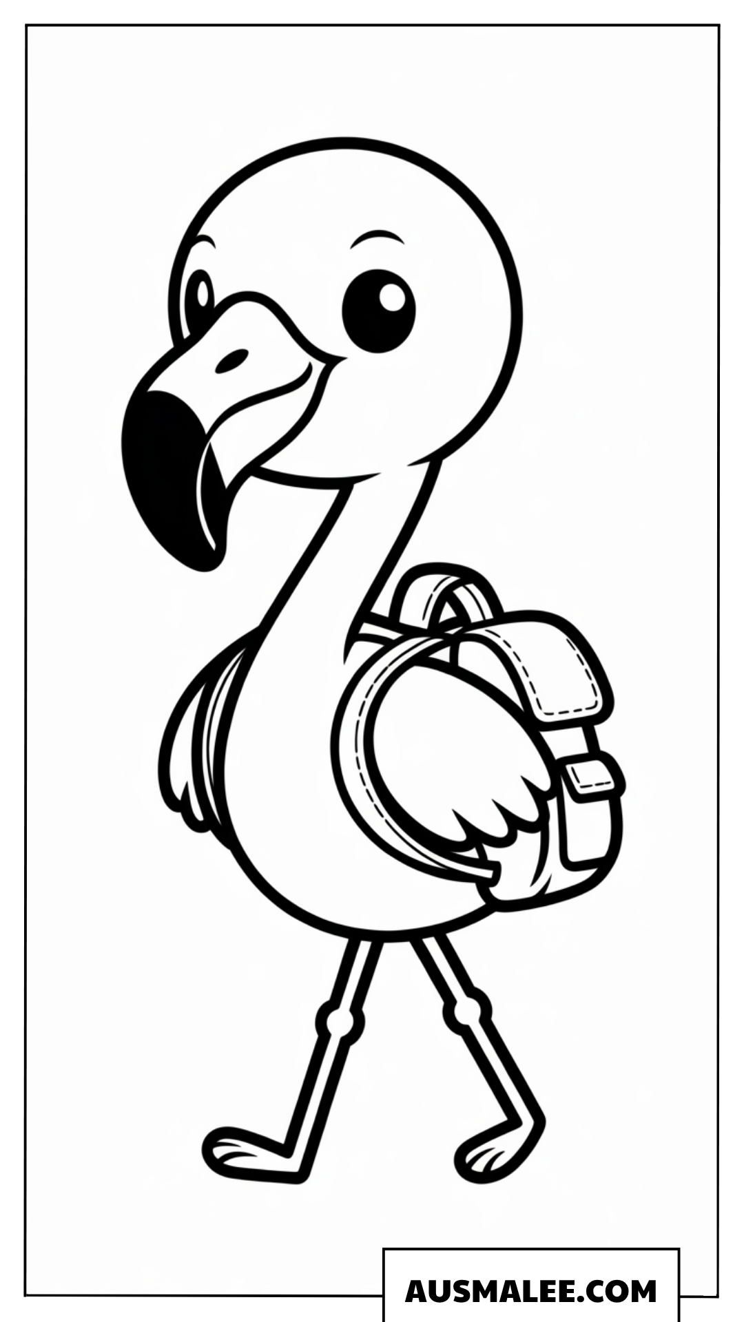 Kawaii-Ausmalbild eines Flamingos mit Schulrucksack.