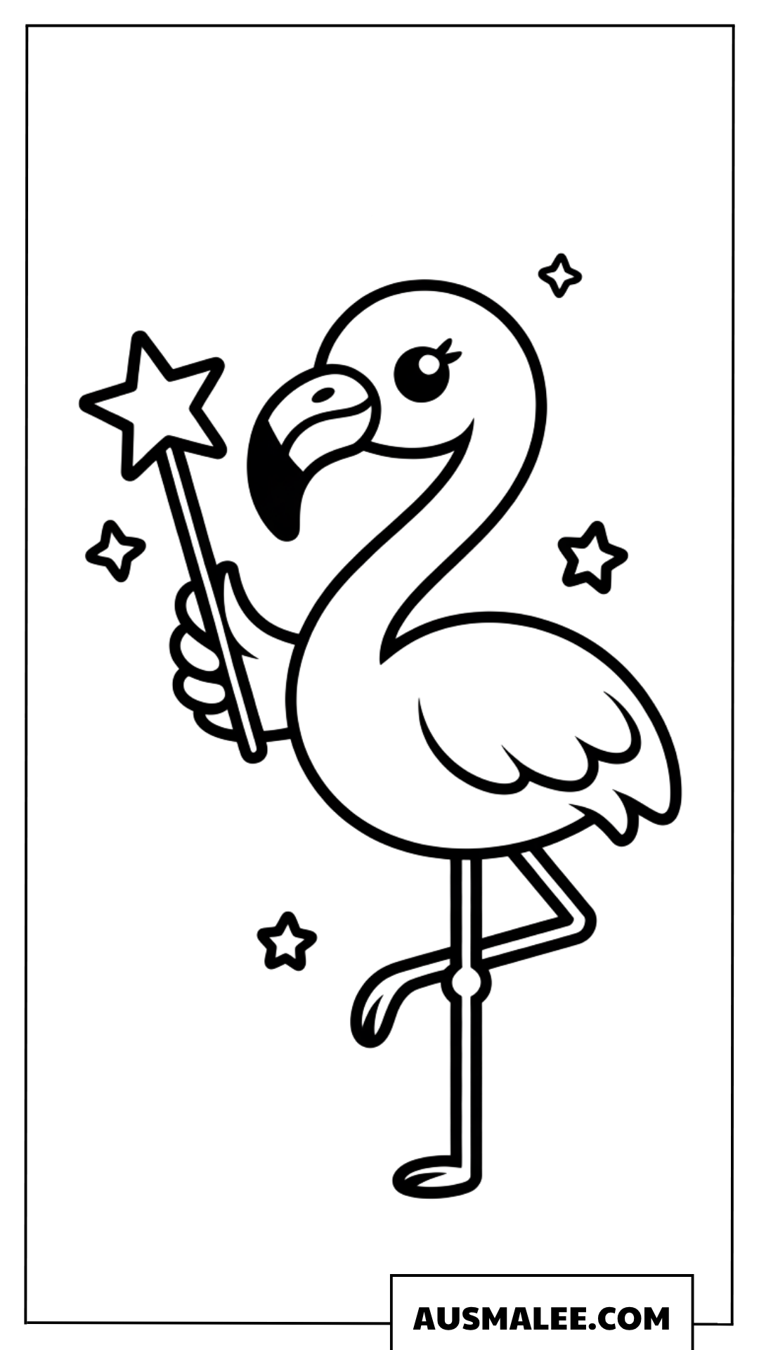 Kawaii-Ausmalbild eines Flamingos mit Zauberstab.