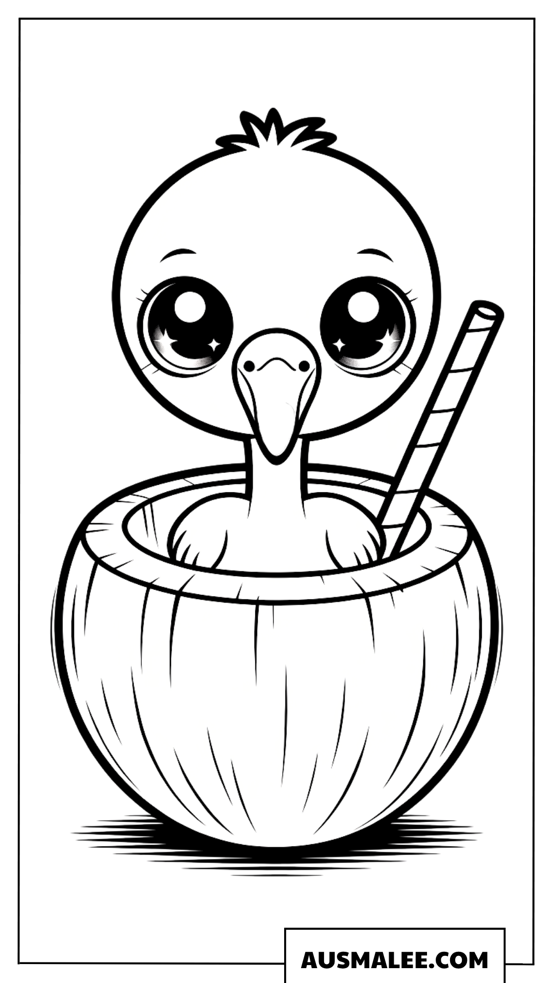 Kawaii-Ausmalbild eines kleinen Flamingos in einer Kokosnuss.