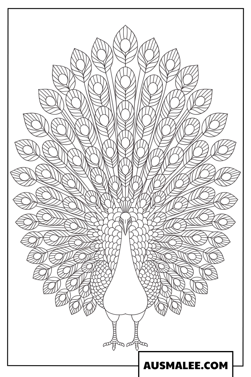 Künstlerisches Pfau-Ausmalbild für Erwachsene mit geöffnetem Federkleid.
