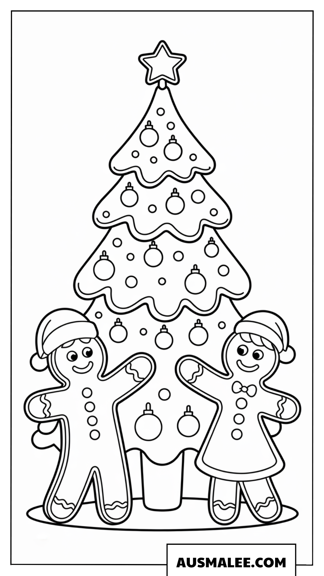 Lebkuchen-Pärchen vor dem Weihnachtsbaum Ausmalbilder