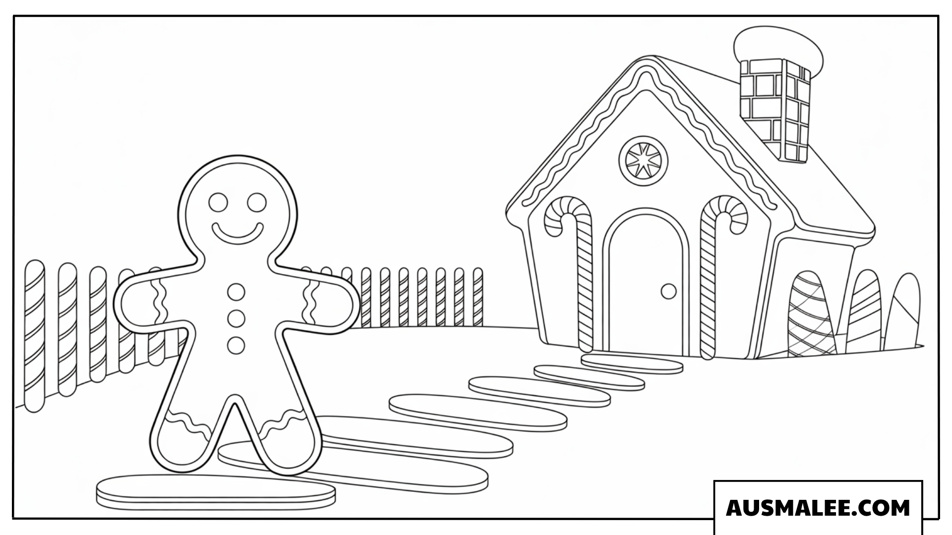 Lebkuchenmann und ein Lebkuchenhaus im Garten Ausmalbild