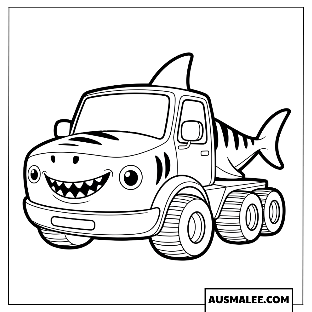 Malvorlage Niedlicher 6-Rad-Haifisch-Monster-Truck im Cartoon-Stil
