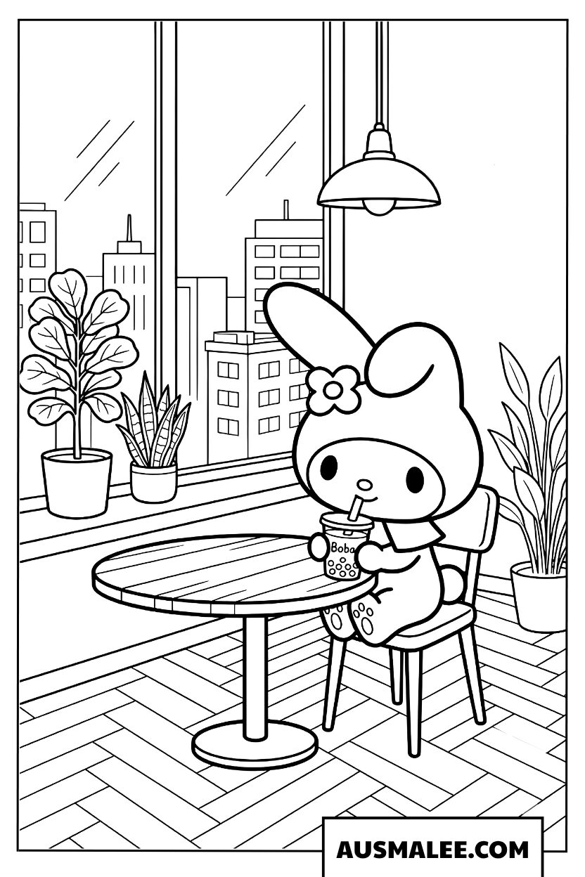 My Melody boit du thé près de la fenêtre Coloriage