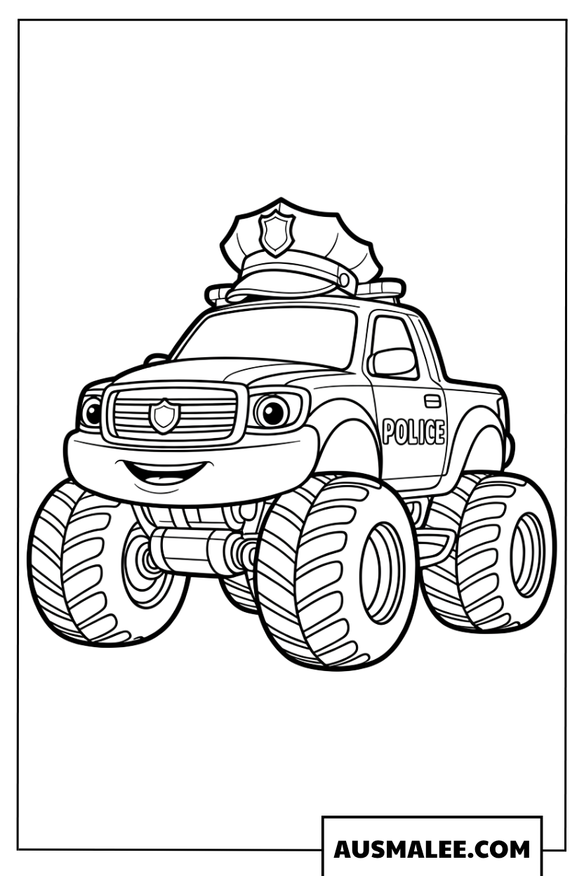 Niedliches Polizei Monstertruck Ausmalbild im Cartoon-Stil für Kleinkinder