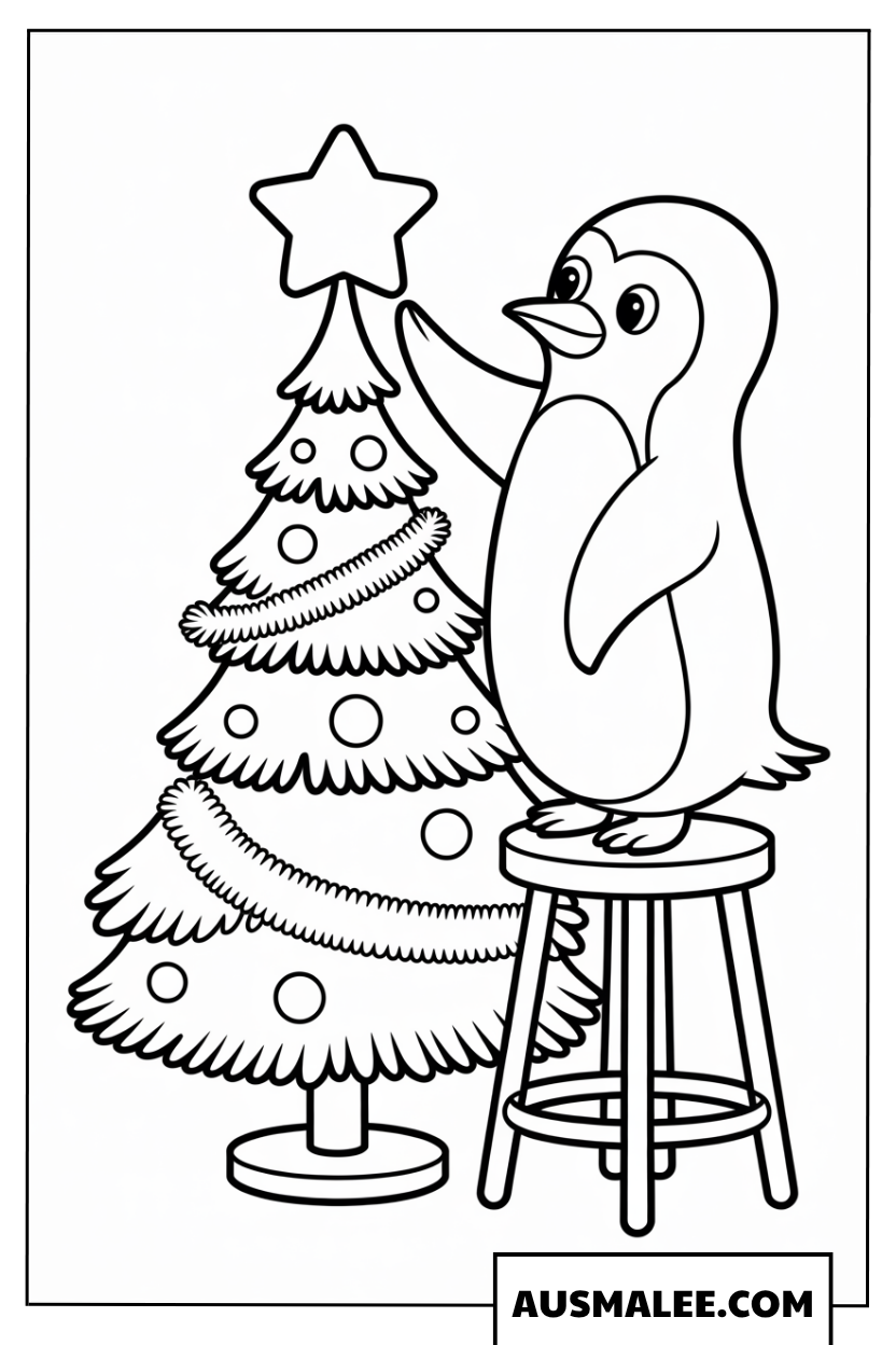 Pinguin Ausmalbild beim Schmücken des Weihnachtsbaums