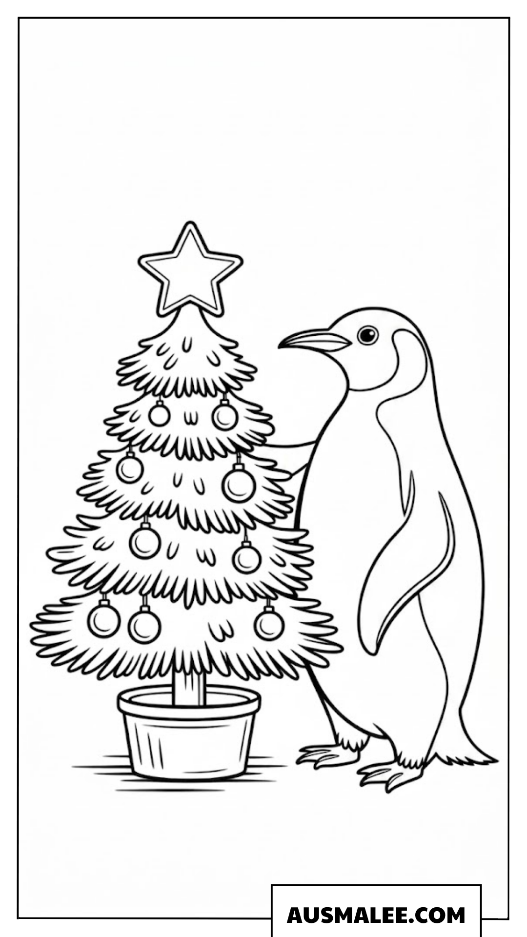 Pinguin Ausmalbild beim Schmücken des Weihnachtsbaums