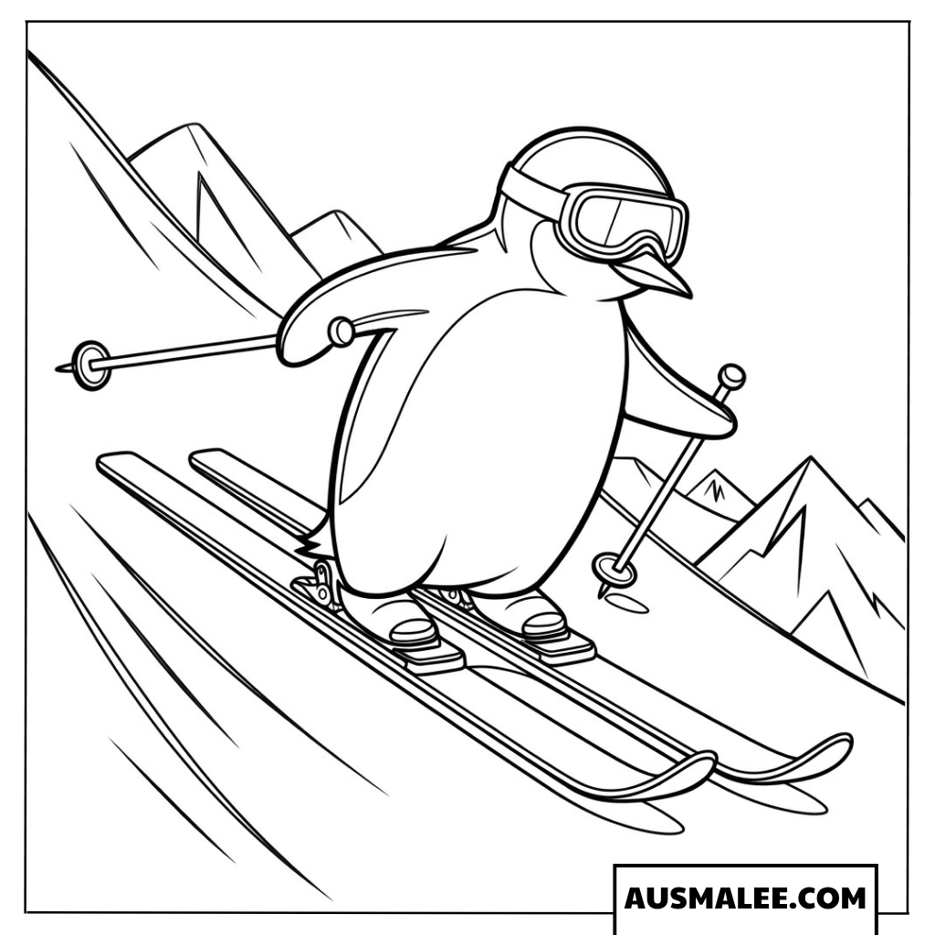 Pinguin Ausmalbild beim Skifahren