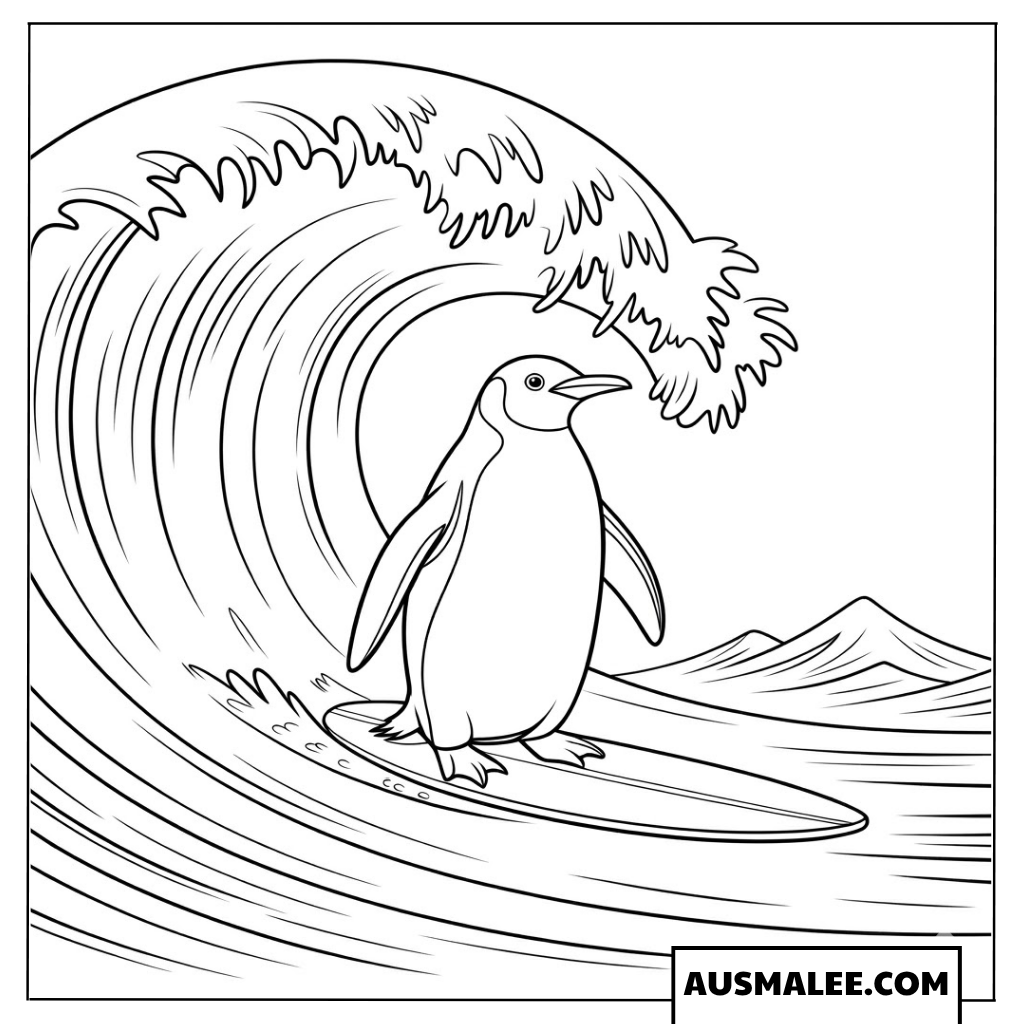 Pinguin Ausmalbild beim Surfen