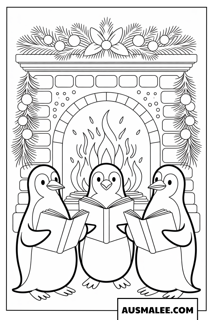 Pinguin Ausmalbild beim Weihnachtsliedersingen