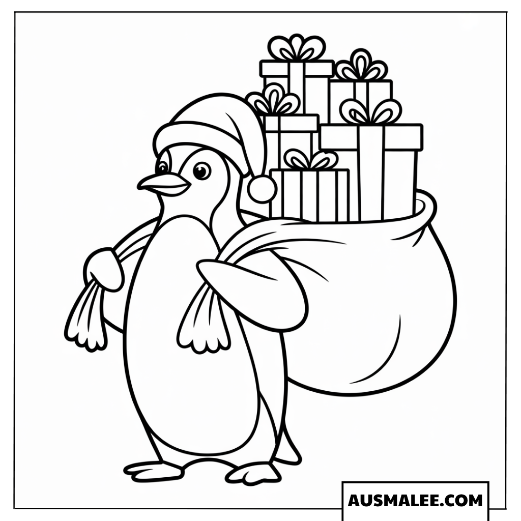 Pinguin Ausmalbild mit Geschenkesack