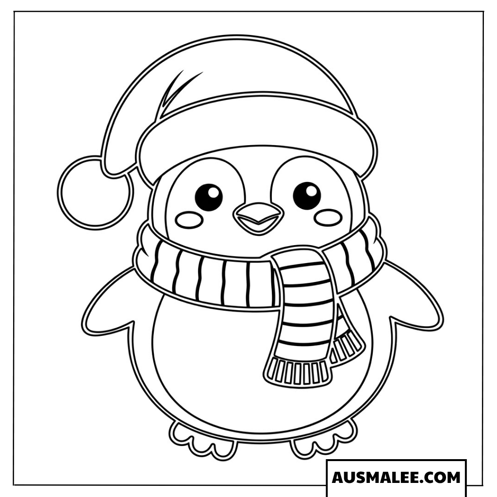 Pinguin Ausmalbild mit Weihnachtsmannmütze