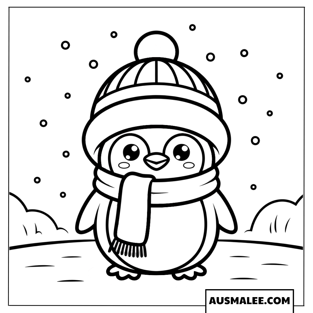 Pinguin Ausmalbild mit Wollmütze und Schal