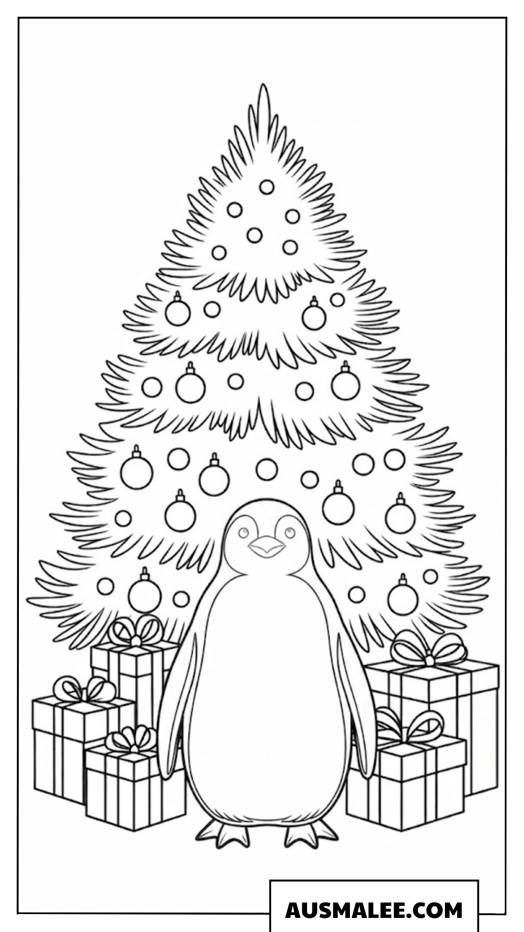 Pinguin Ausmalbild neben Weihnachtsbaum und Geschenken