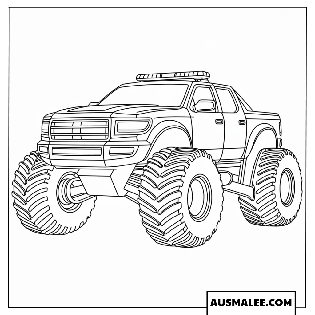 Realistisches Ausmalbild Polizei Monstertruck mit Warnleuchten