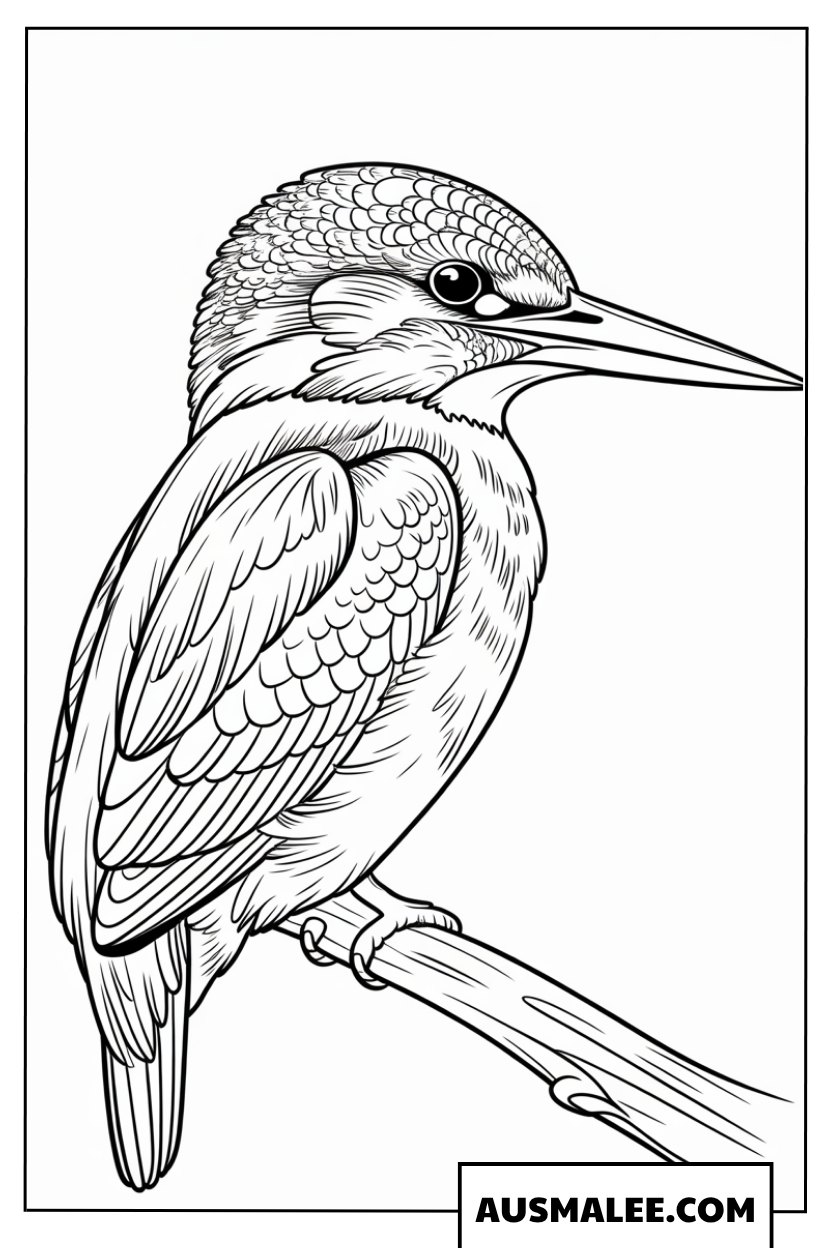 Realistisches Ausmalbild eines Eisvogels auf einem Ast.