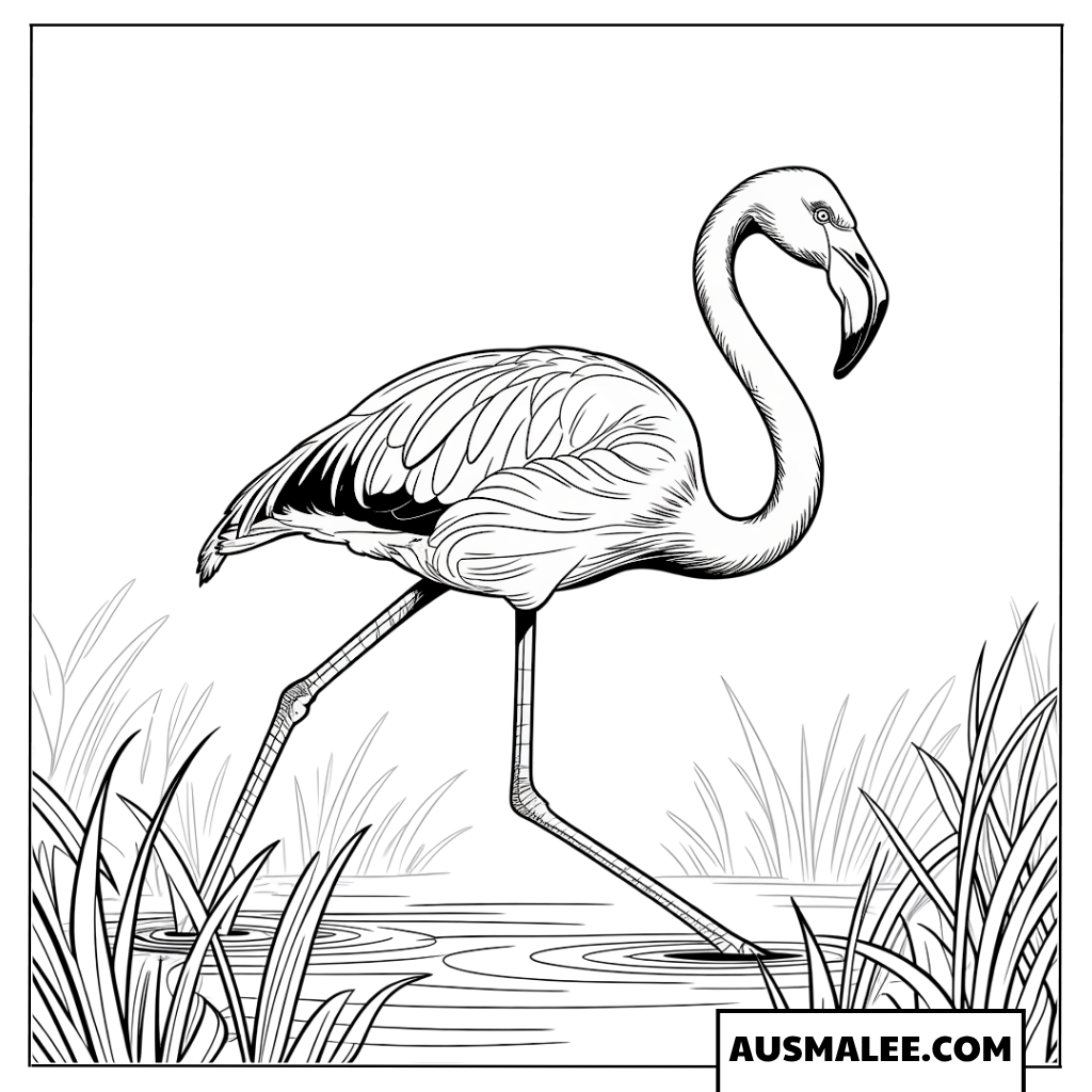 Realistisches Ausmalbild eines Flamingos im Sumpfgebiet.
