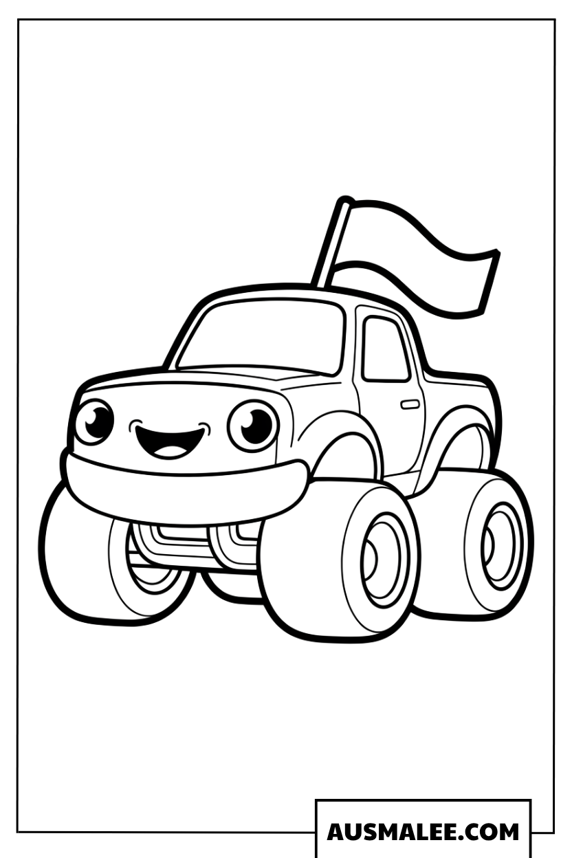 Süßes Hot Wheels Monster Truck Ausmalbild im Cartoon-Stil mit Flagge