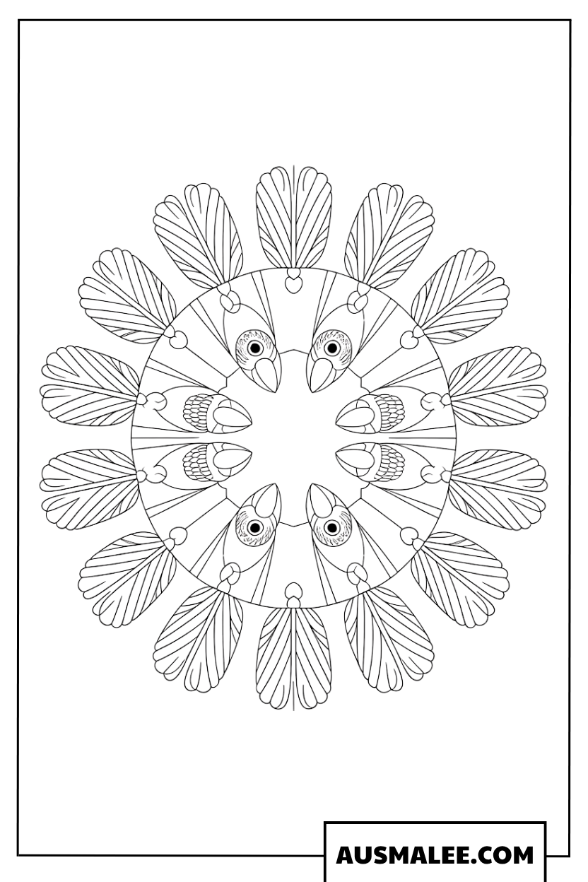 Symmetrisches Papageien-Mandala im Kreisdesign.