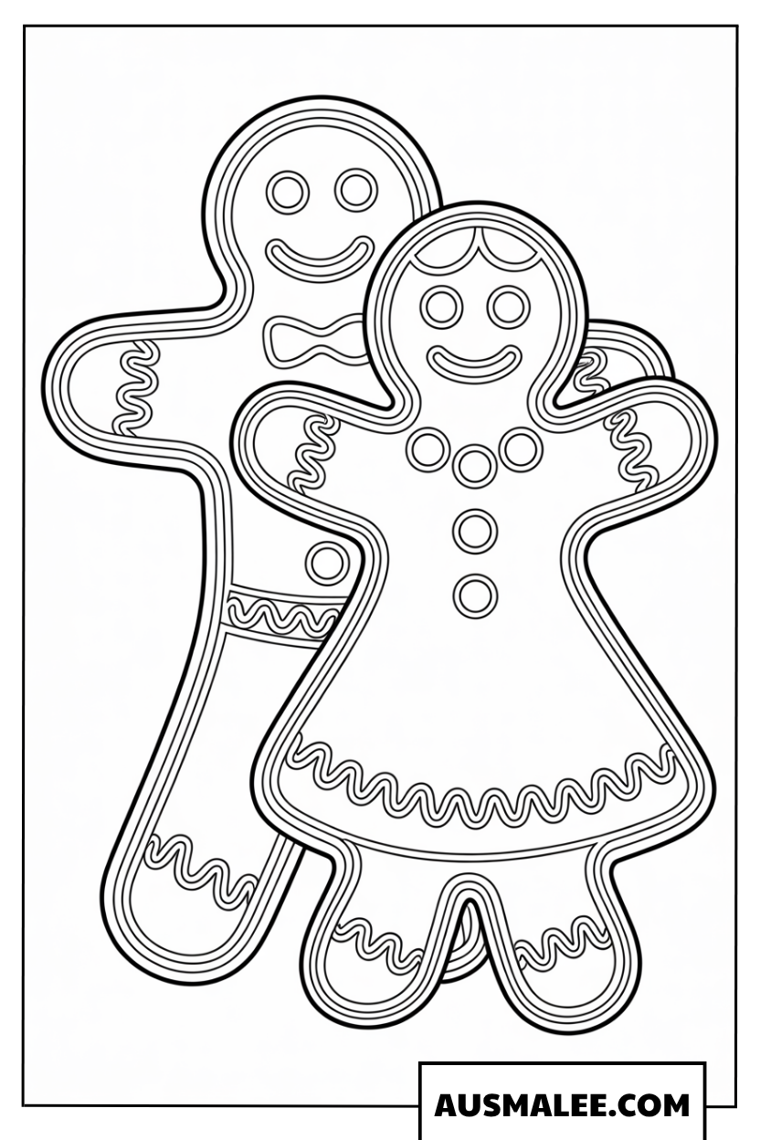 Verschlungenes Lebkuchen-Pärchen Ausmalbilder