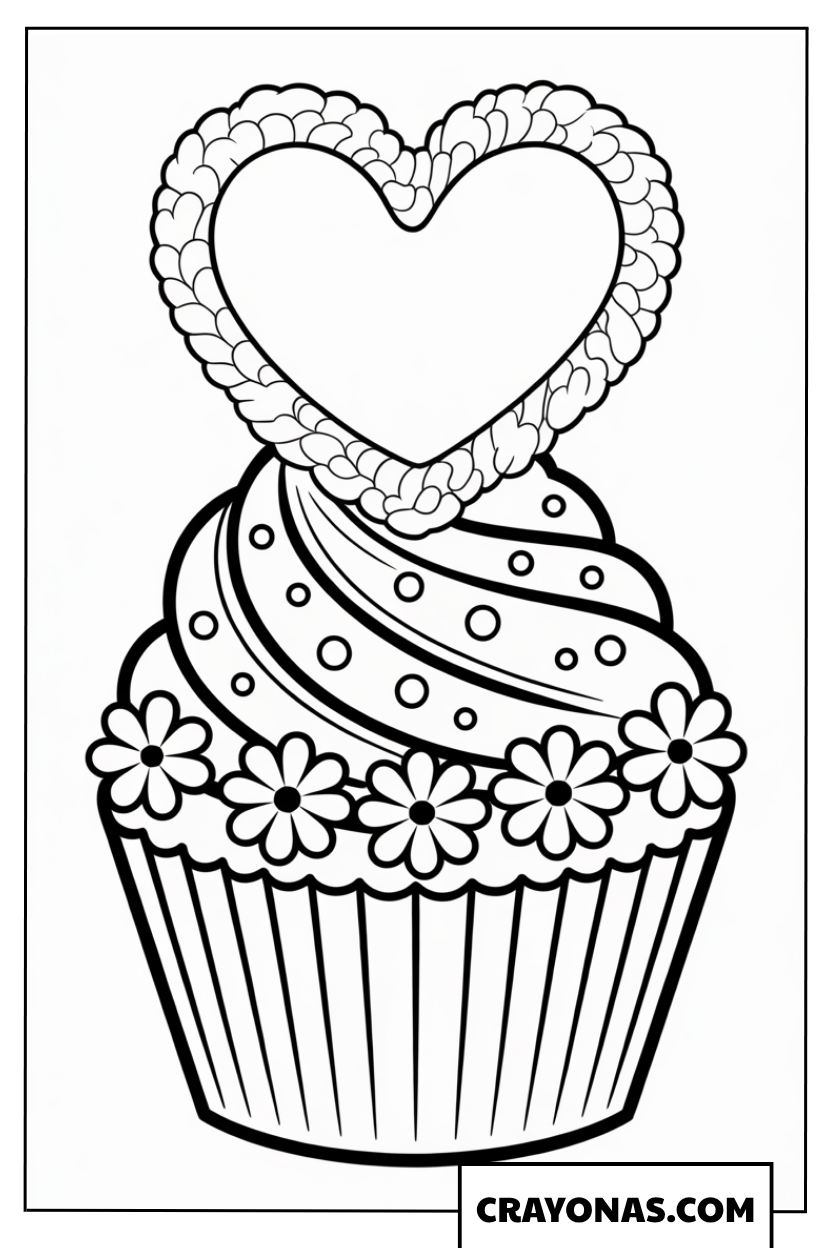 Ausmalbild Cupcake mit herzförmigem Aufsatz