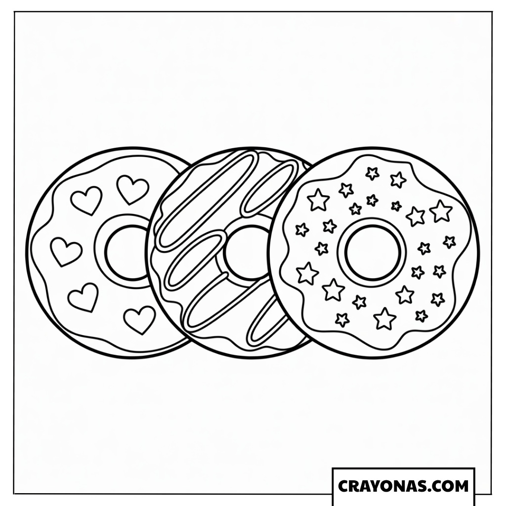 Ausmalbild drei verschiedene Donuts in einer Reihe
