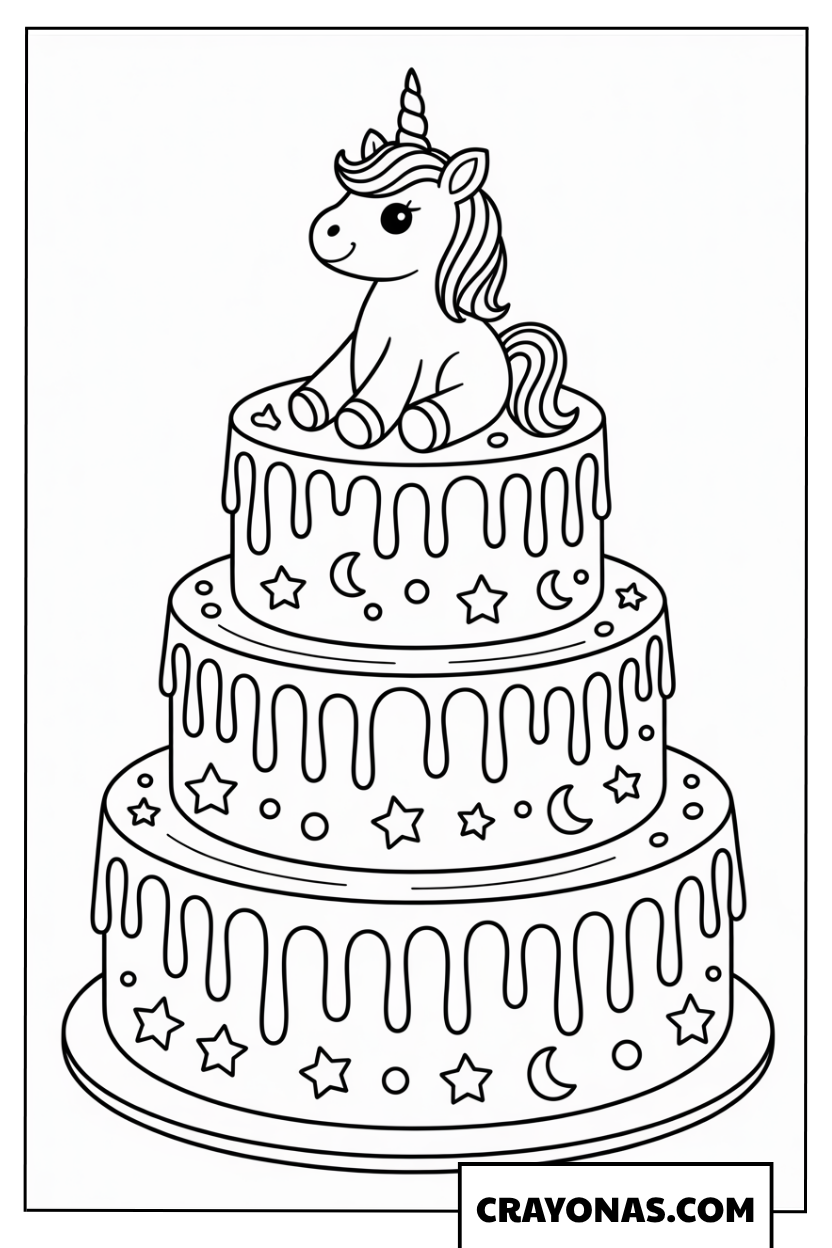 Ausmalbild dreistöckige Einhorn-Torte mit Sternen