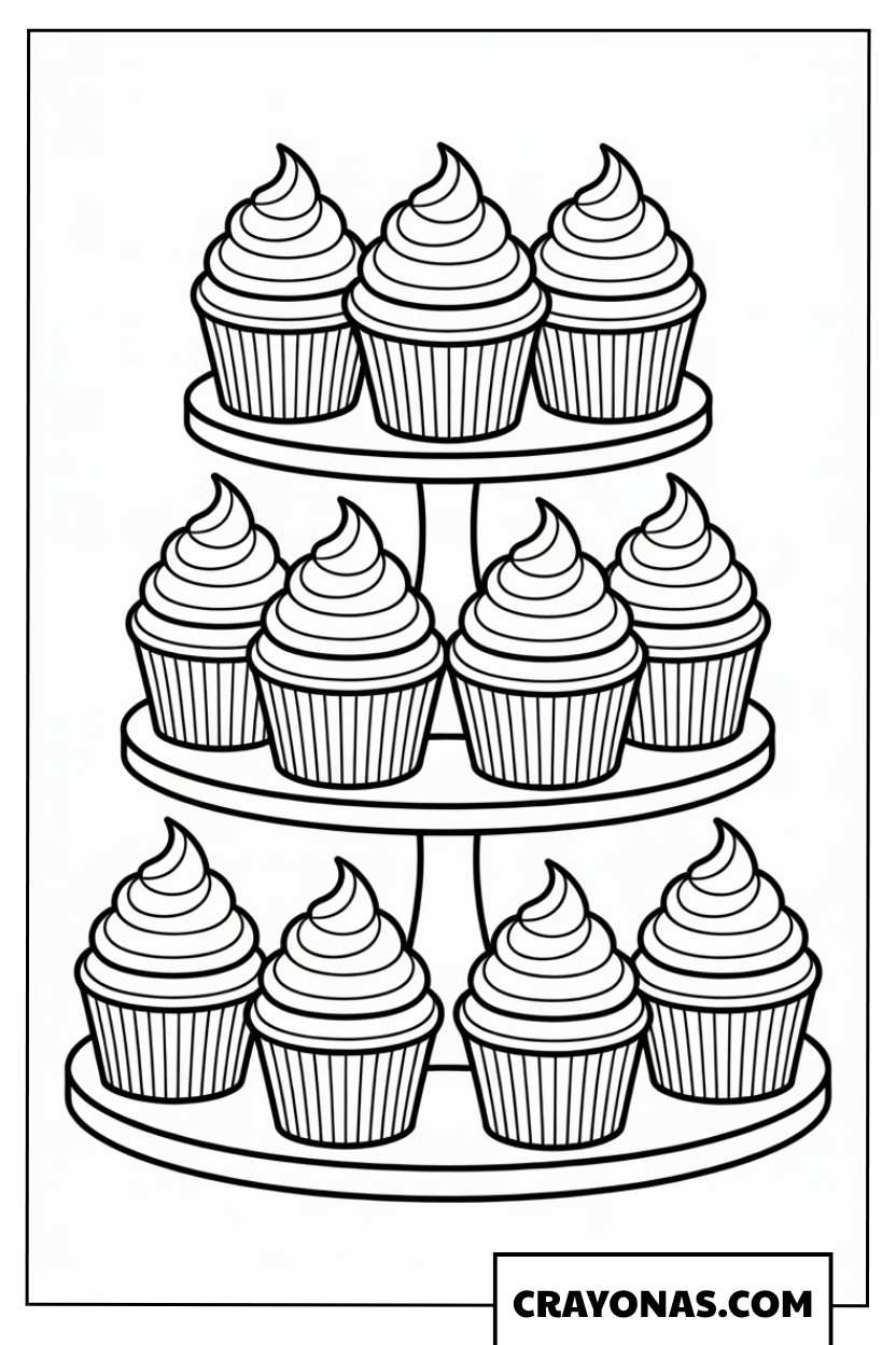 Ausmalbild dreistöckige Etagere mit Cupcakes