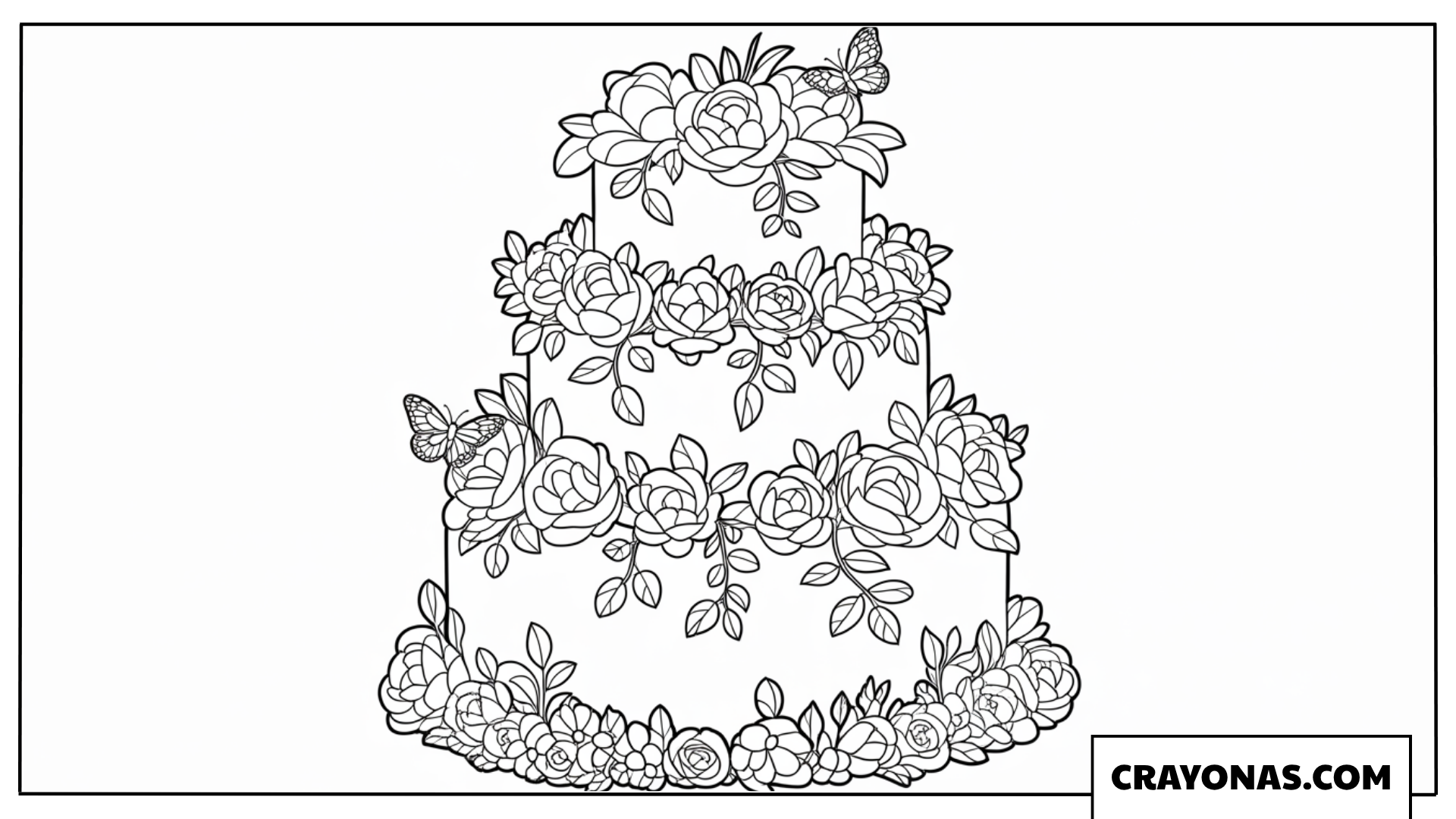 Ausmalbild dreistöckige Torte mit Blumengirlanden und Schmetterlingen