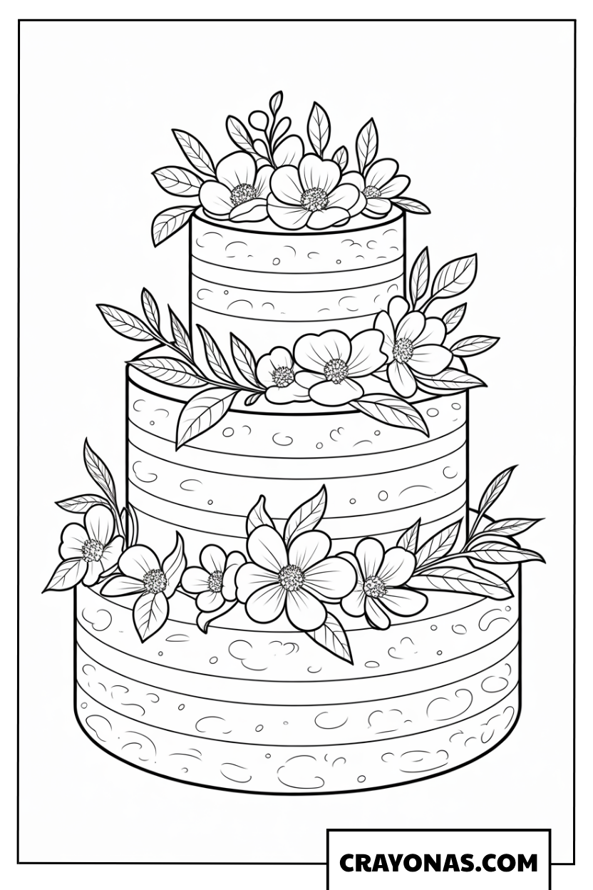 Ausmalbild dreistöckige Torte mit Blütenranken