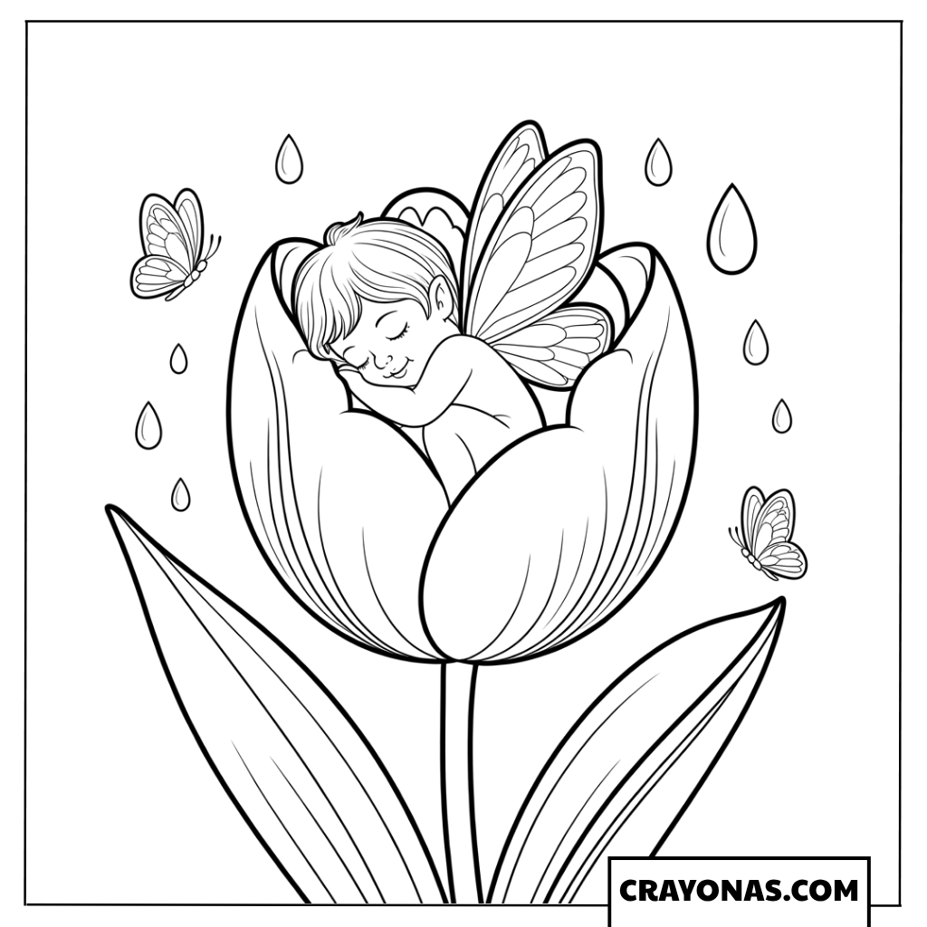 Ausmalbild einer kleinen Fee in einer Tulpe schlafend