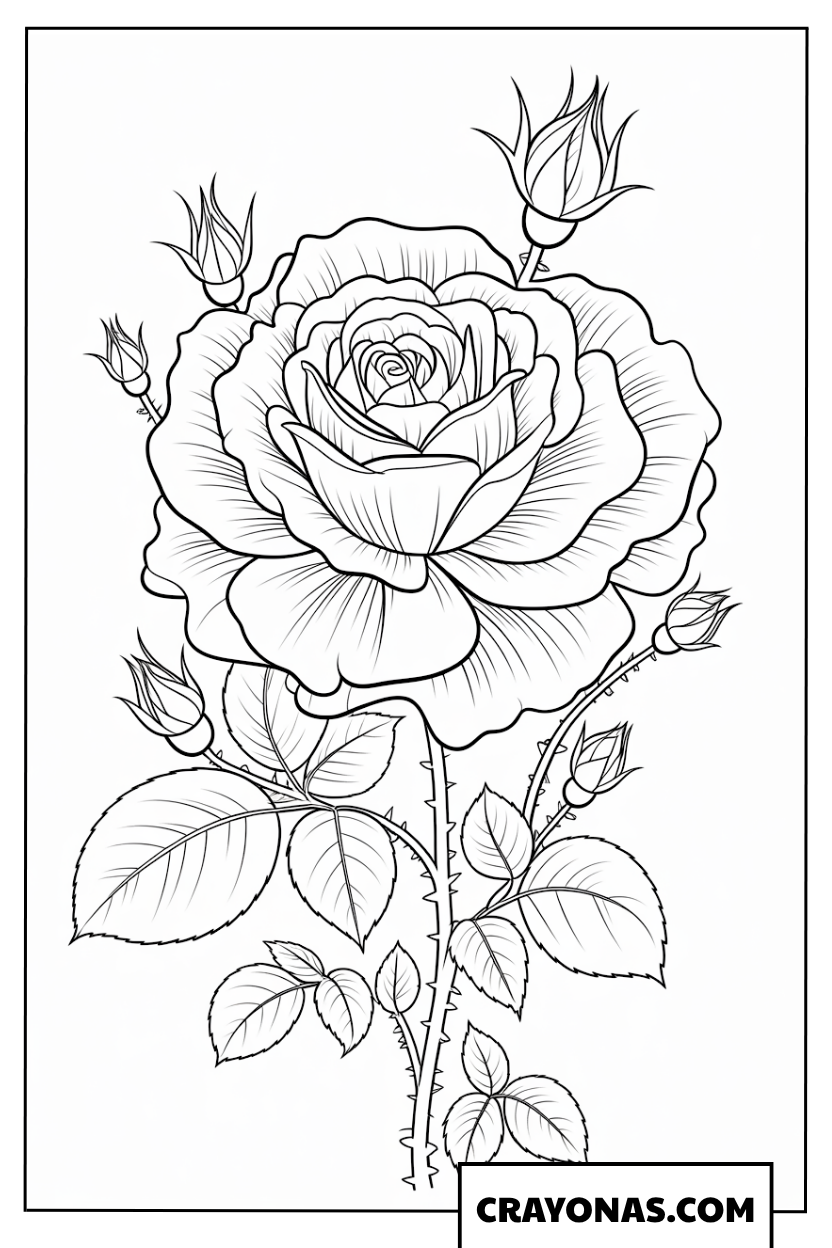 Ausmalbild eines Rosenzweigs mit Knospen