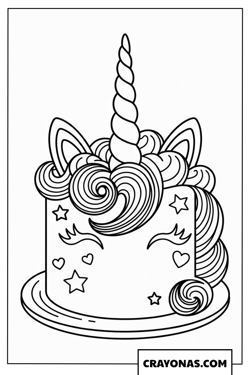 Ausmalbild Einhorn-Torte mit wallender Mähne