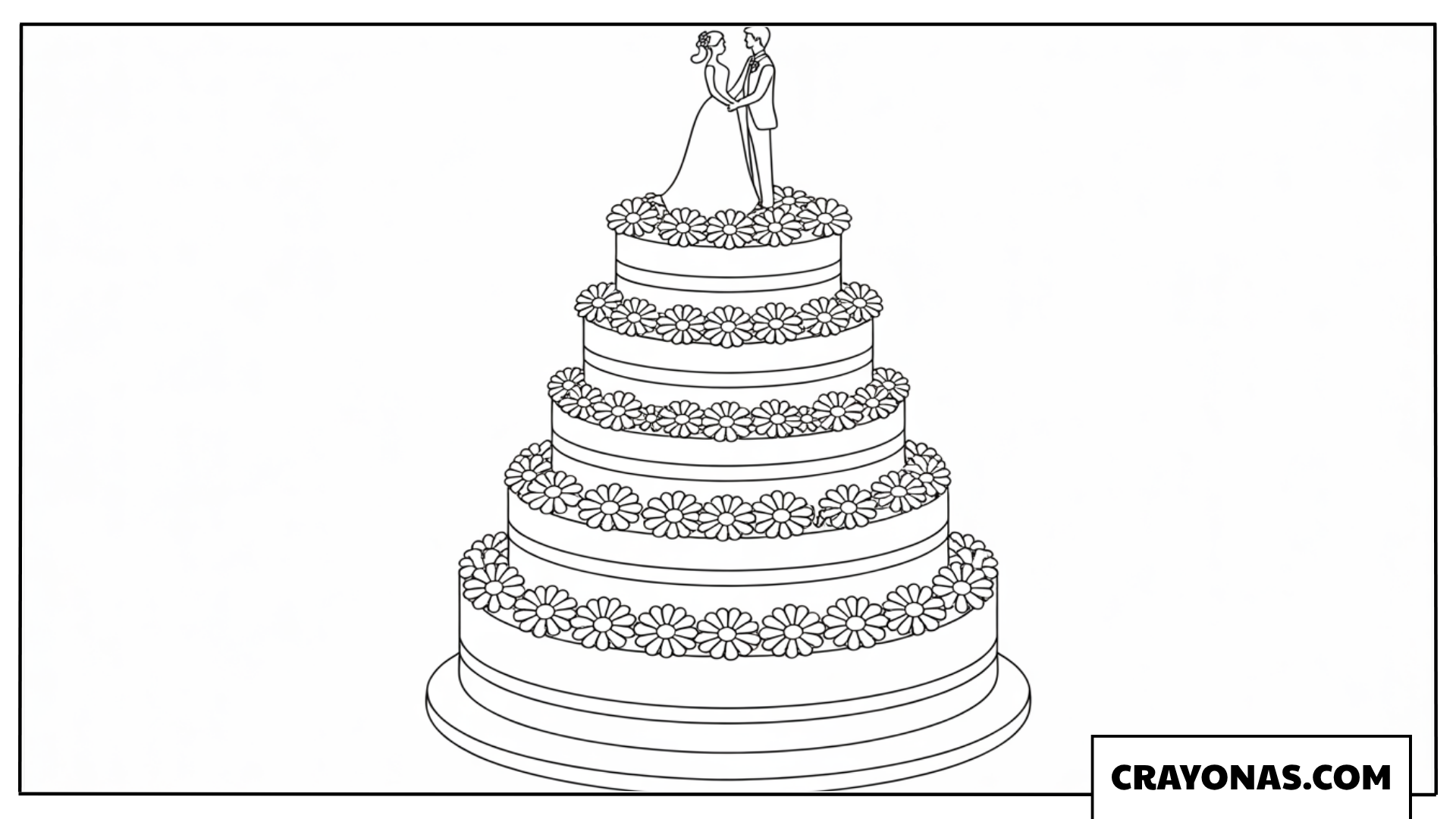 Ausmalbild fünfstöckige Hochzeitstorte mit Brautpaar