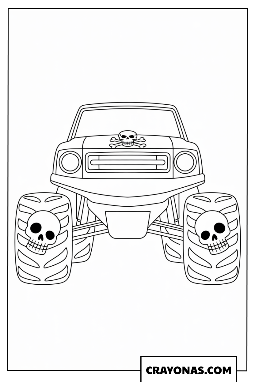 Ausmalbild Grave Digger mit Totenkopf auf der Motorhaube