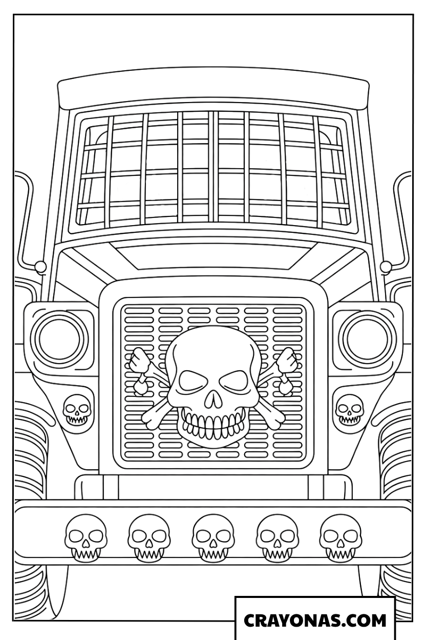 Ausmalbild Grave Digger mit Totenkopf-Design