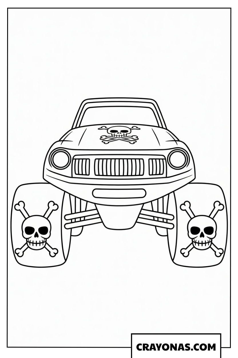 Ausmalbild Grave Digger mit Totenkopf-Reifen