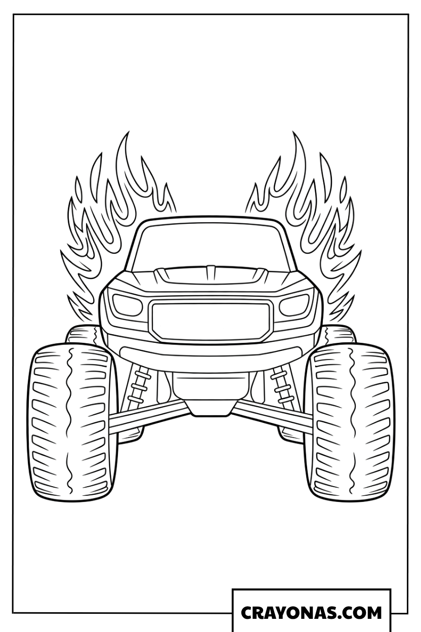 Ausmalbild Hot Wheels Monster Truck mit brennenden Reifen