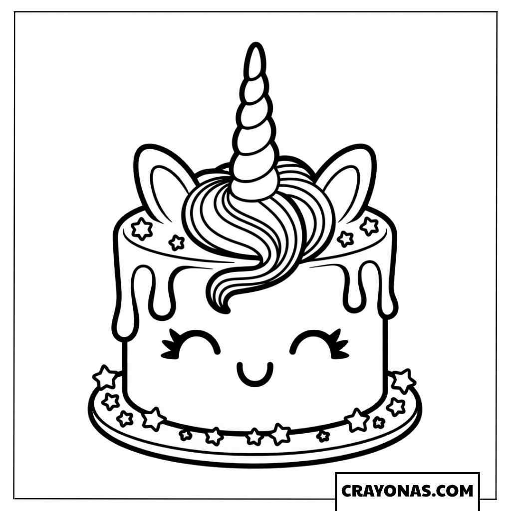 Ausmalbild Kawaii-Torte mit Einhorn-Motiv