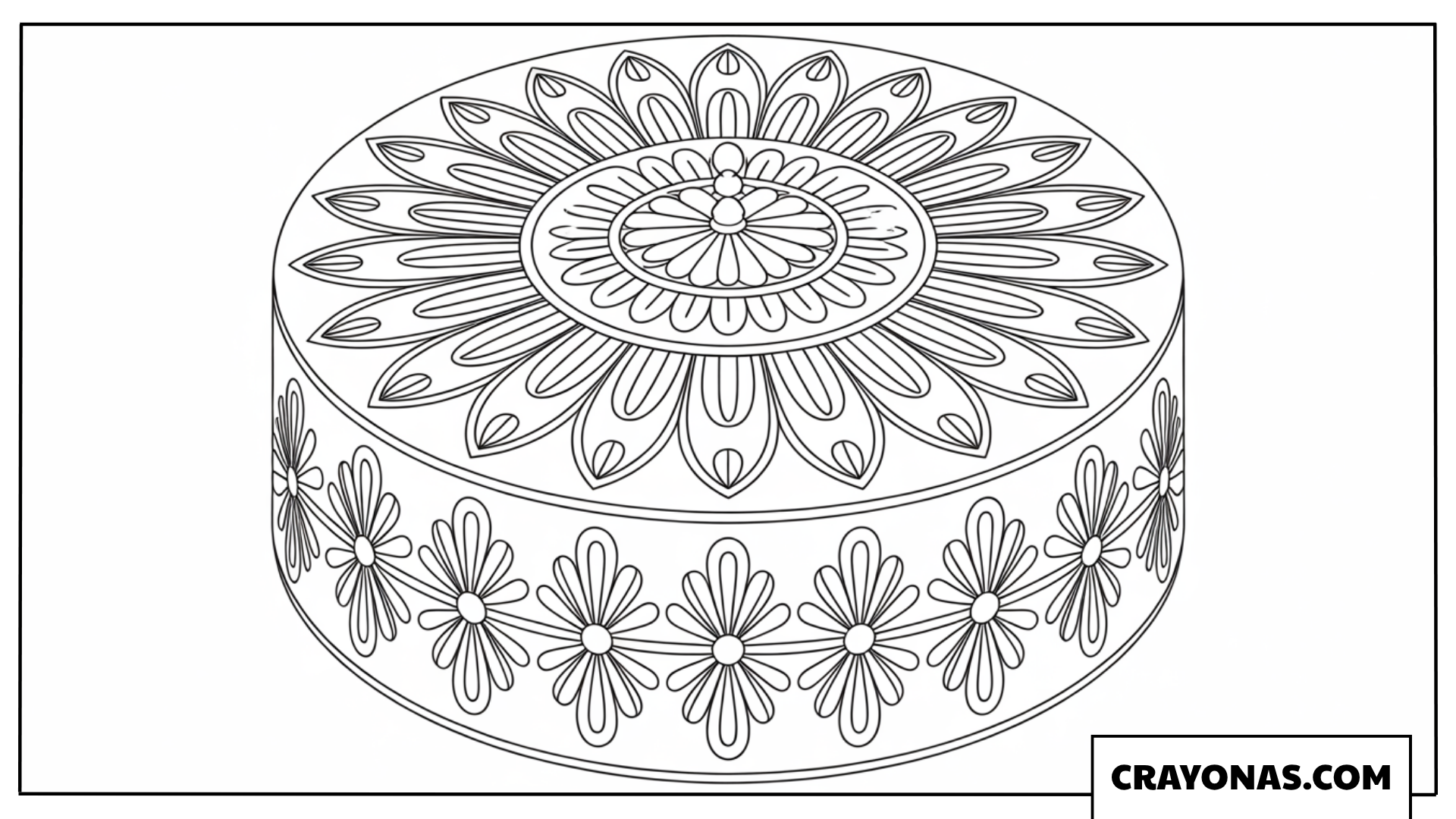 Ausmalbild Mandala-Torte mit floralen Ornamenten