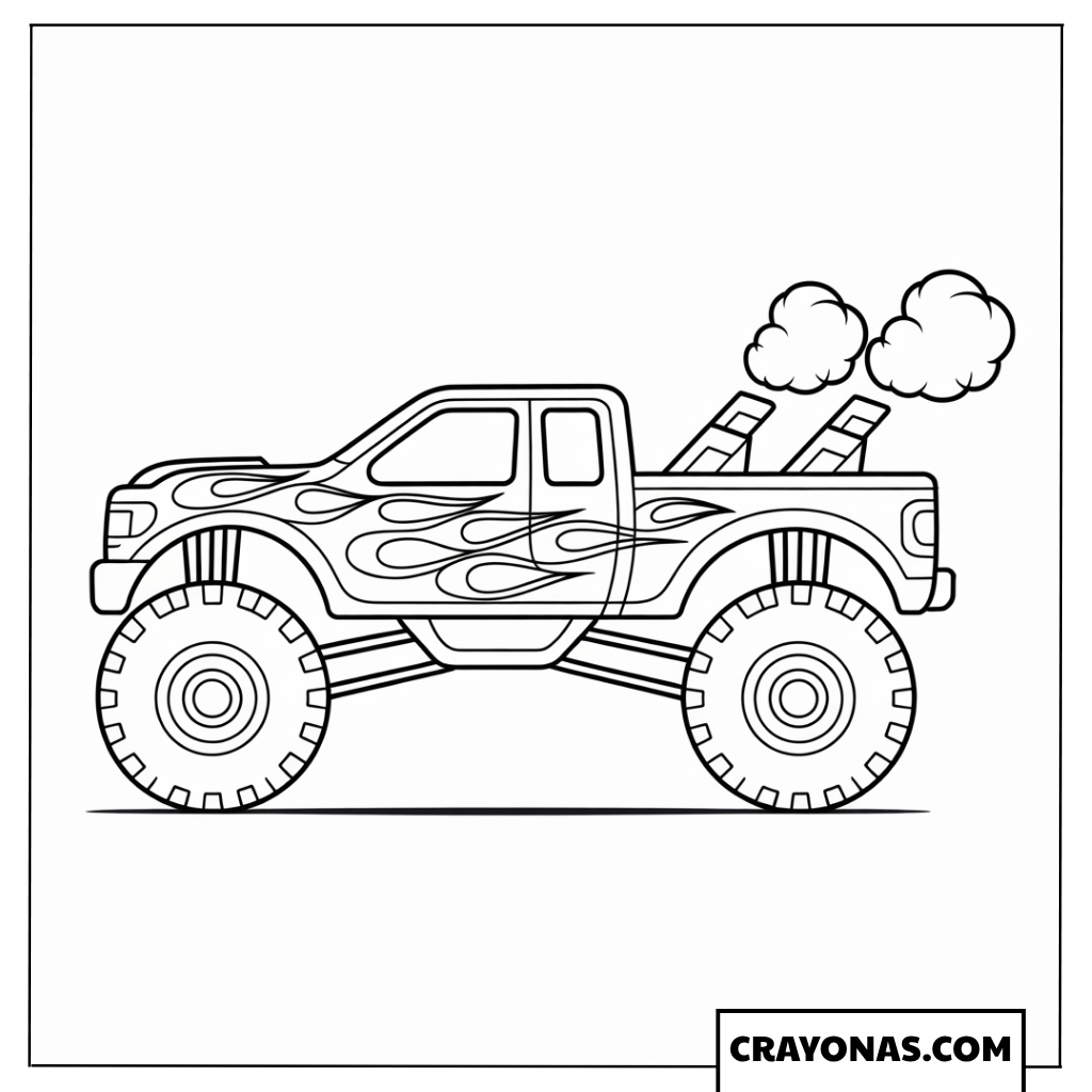 Ausmalbild Monster Truck mit Flammenmuster