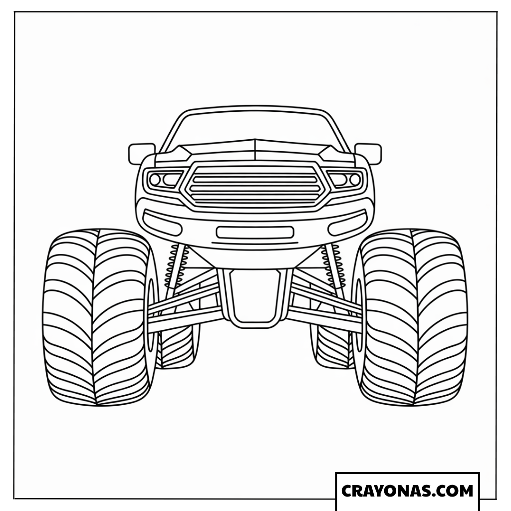 Ausmalbild Monster Truck von vorne mit riesigen Reifen