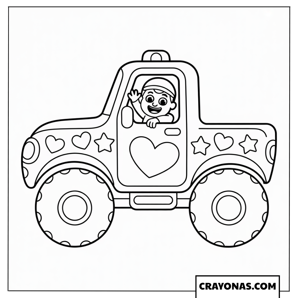 Ausmalbild niedlicher Monster Truck mit Herzchen