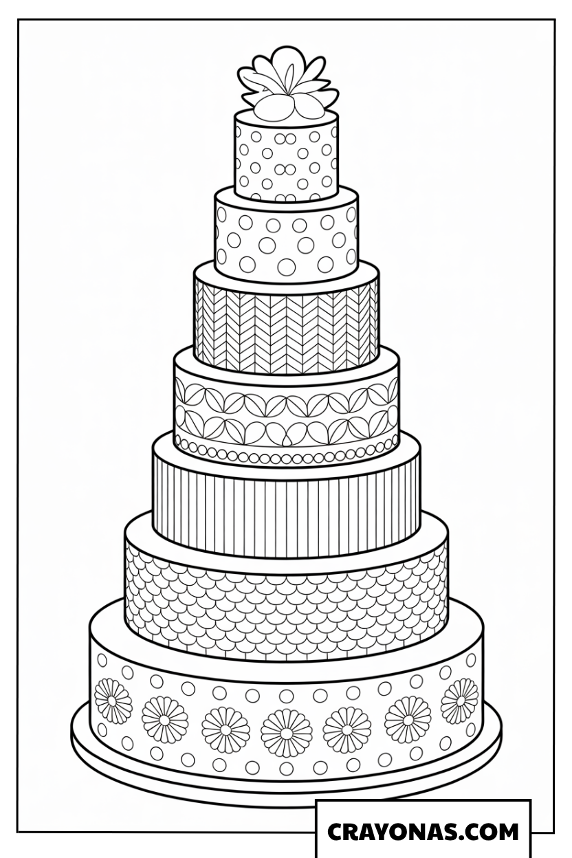 Ausmalbild sechsstöckige Torte mit Ornamenten