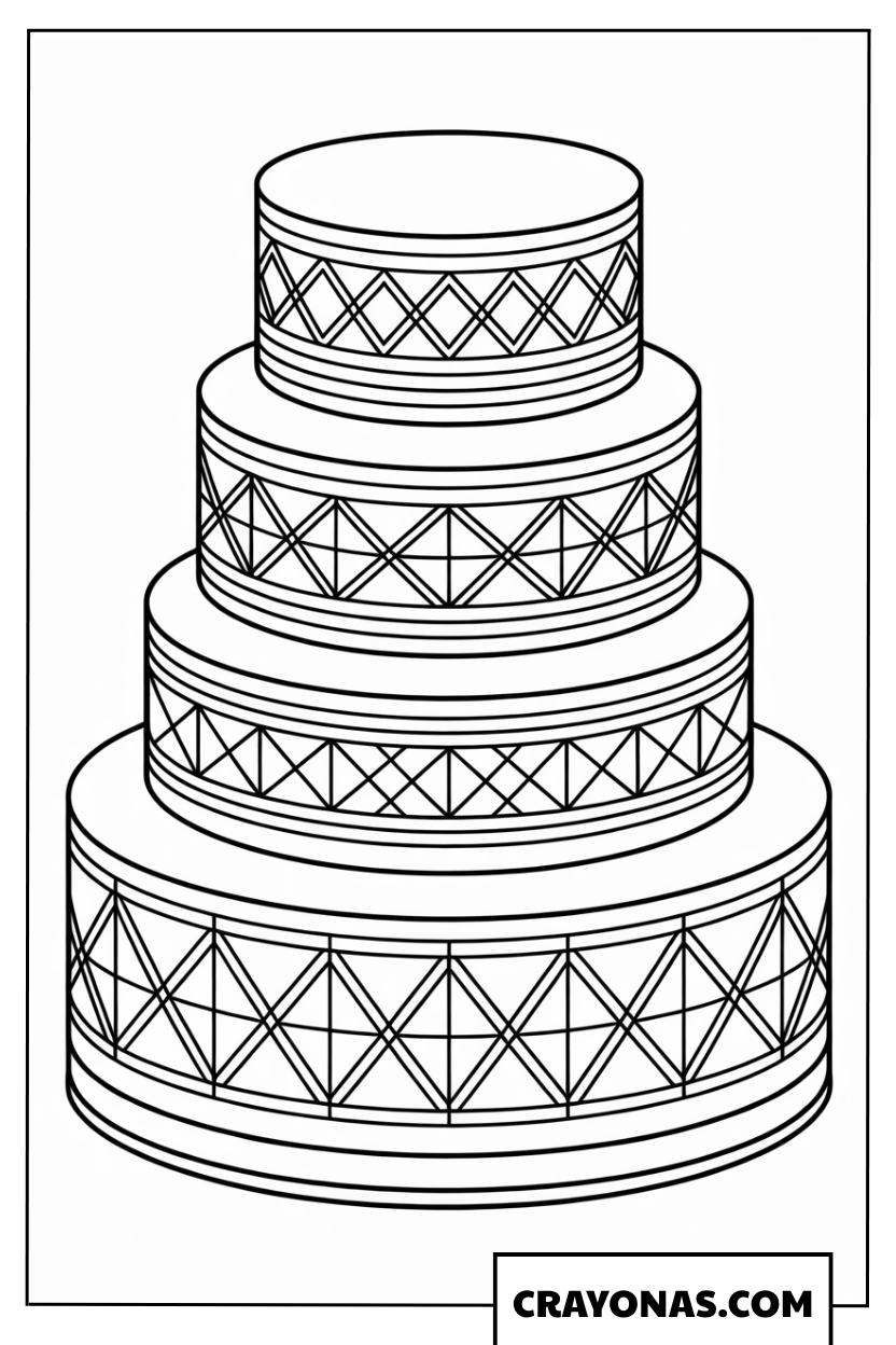 Ausmalbild vierstöckige Torte mit Rautenmuster