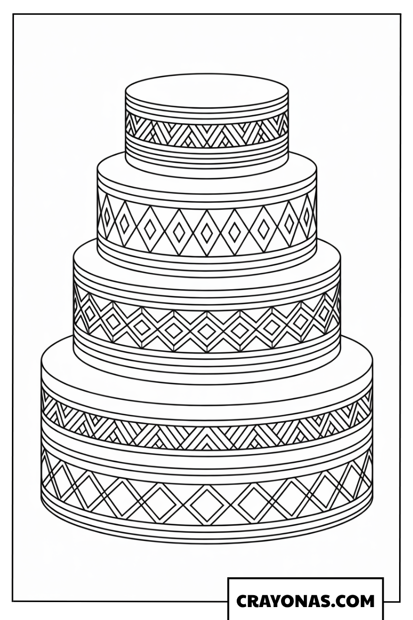 Ausmalbild vierstöckige Torte mit Zick-Zack-Muster